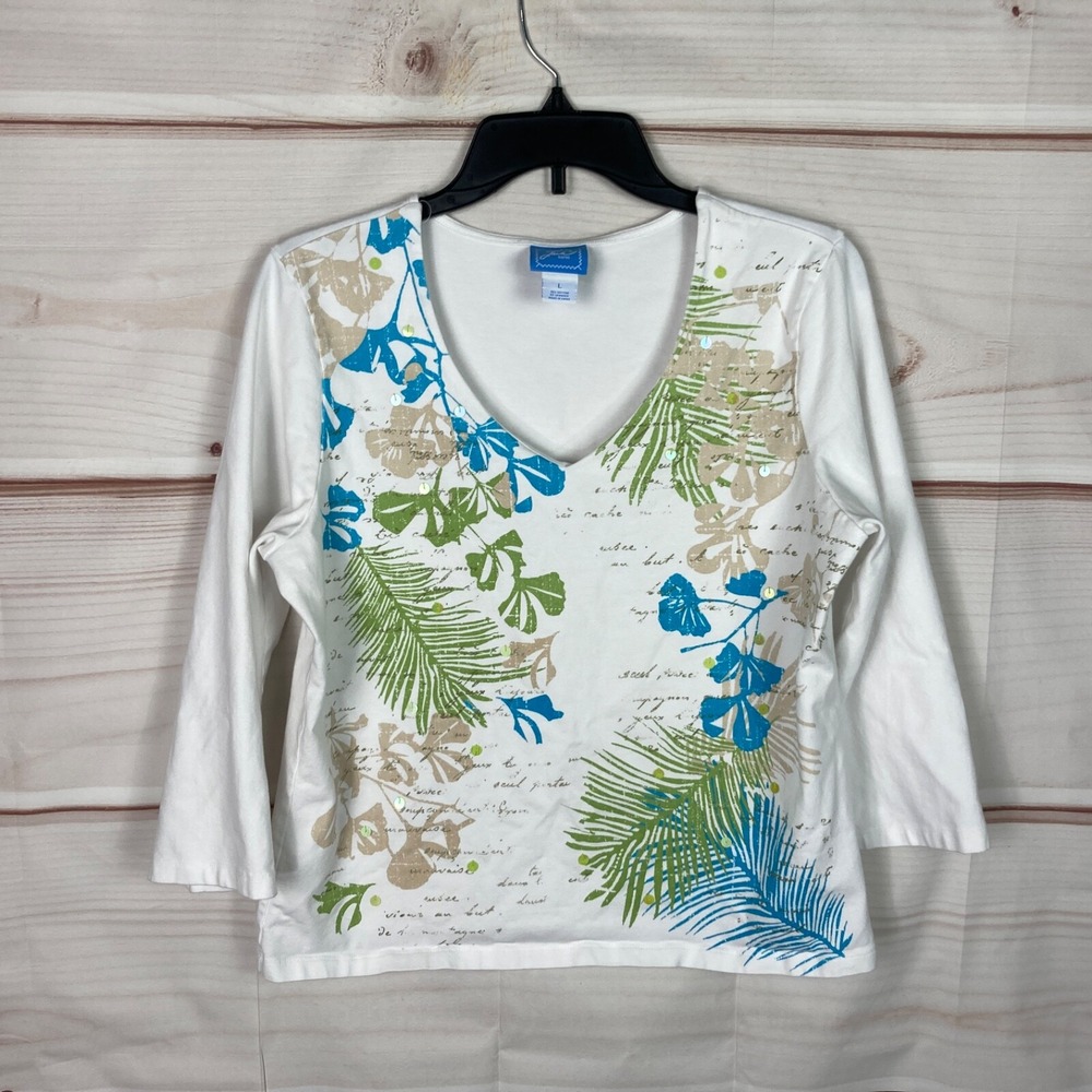 Lark Lane Top Womens L White Floral V-Neck T-Shirt 3/4 Sleeve Cotton Stretch